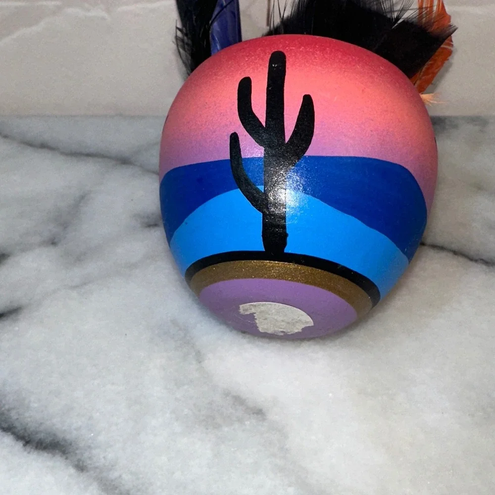 Hand Painted Desert Sunset Terracotta Seed Pot with Feathers Saguaro Cactus Art